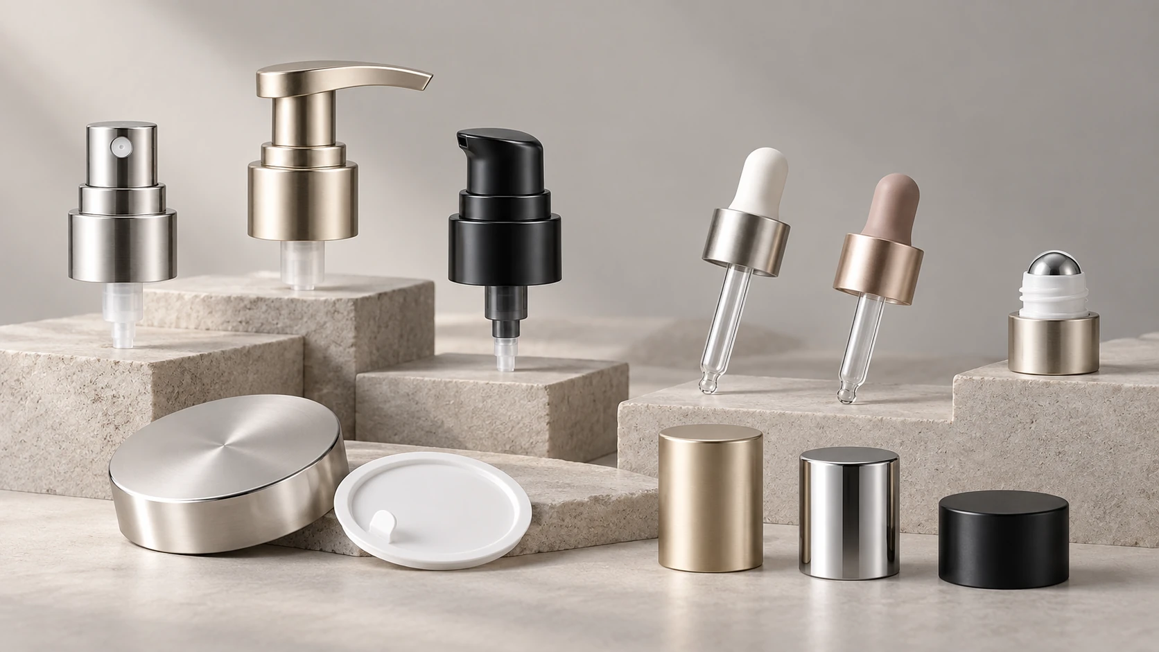 Cosmetic packaging pumps, droppers, roller insert and closures displayed on stone plinths