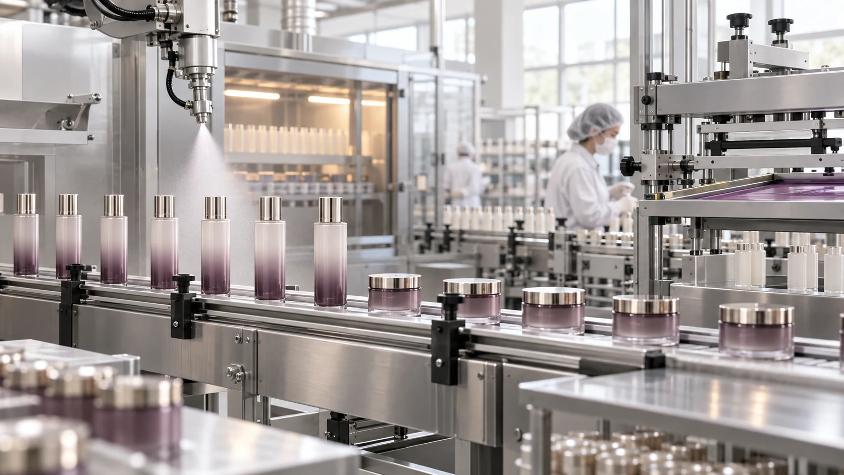 Illustrative cosmetic bottle finishing workshop