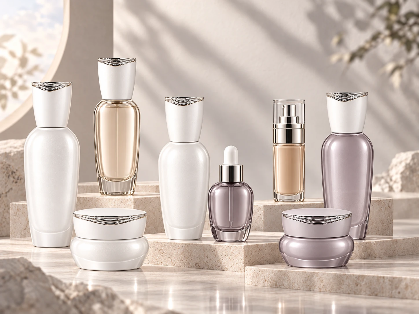 Multiple Xida cosmetic glass bottle and jar formats displayed in a premium stone setting