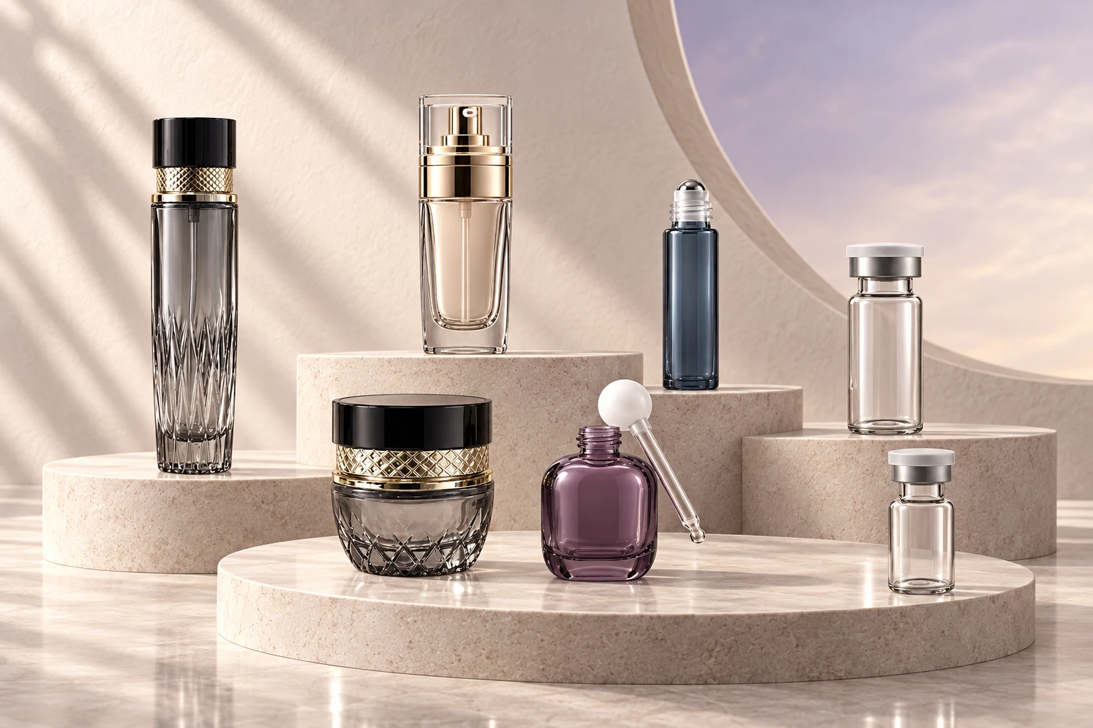 Mixed Xida cosmetic glass bottle formats displayed on stone plinths